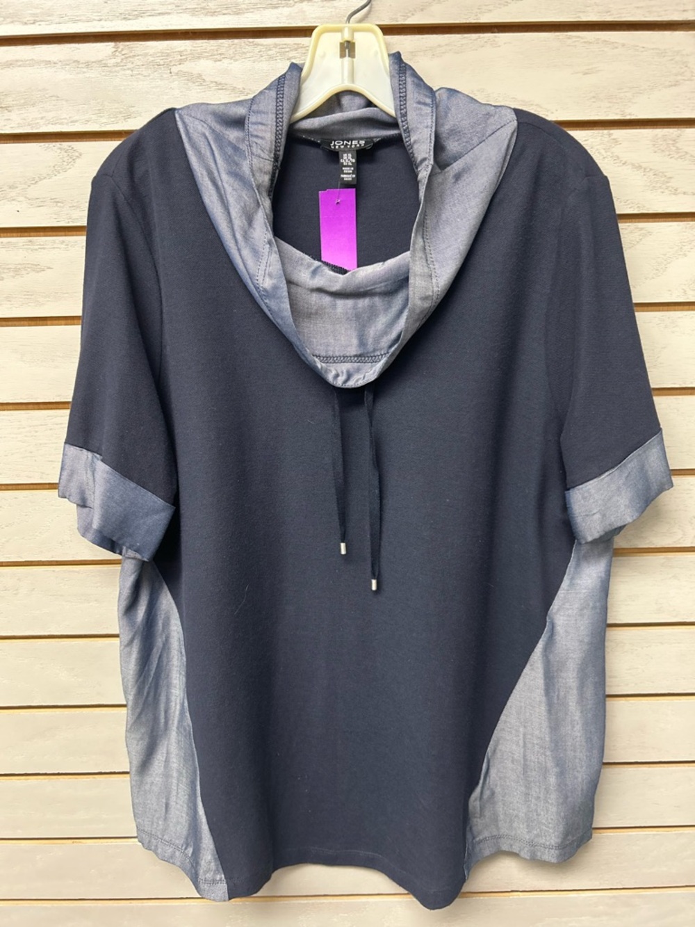 Jones New York Black Hooded Short Sleeve Top with Heather Gray Trim
